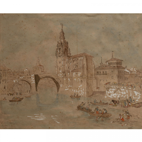 &quot;Vista de la Iglesia de San Antón &quot; C. 1840-85.   JENARO PÉREZ VILLAMIL (Ferrol, 1807-1854) Acuarela, aguada y gouache/papel