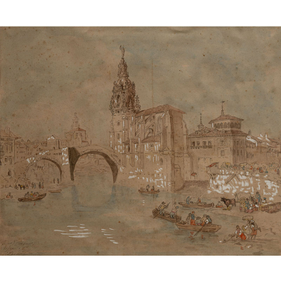 &quot;Vista de la Iglesia de San Antón &quot; C. 1840-85.   JENARO PÉREZ VILLAMIL (Ferrol, 1807-1854) Acuarela, aguada y gouache/papel