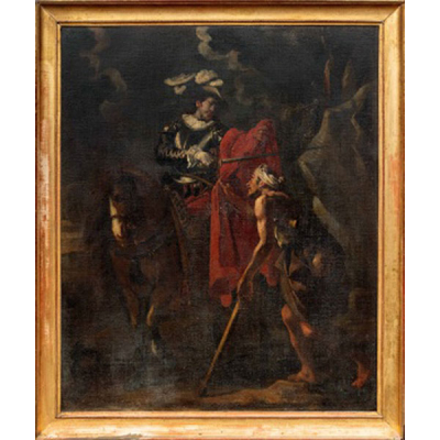 FRANCISCO IGNACIO RUIZ DE LA IGLESIA  (Madrid 1649 - 1704) &quot;San Martín compartiendo su capa con el mendigo&quot; Firmado: Fco. Ignacio Óleo / Lienzo 