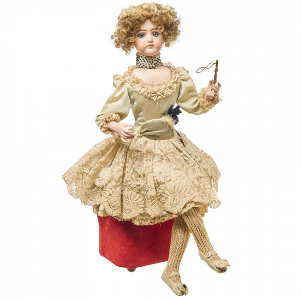 Manufactura Leopold Lambert (Francia, 1886).  Autómata muñeca en porcelana con pay pay y binóculos.