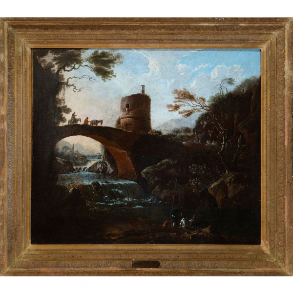 "Paisaje fluvial con puente y torre" Escuela italiana, Siglo XVIII.  &Oacute;leo sobre lienzo. 
