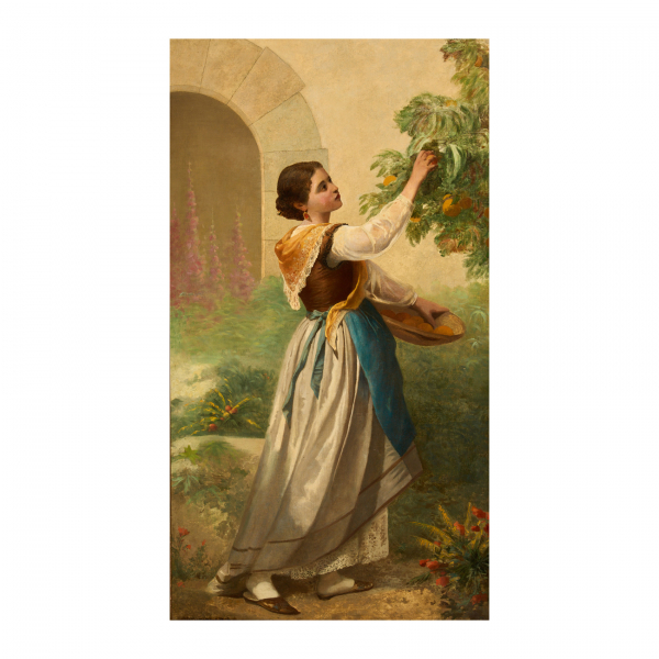 Josep Mirabent Gatell (Barcelona, 1831-1899)  Joven recogiendo fruta.  Óleo sobre tela. Firmado y fechado en 1875.