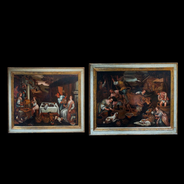 Seguidor de FRANCESCO BASSANO EL JOVEN (Bassano del Grappa, 1549 - Venecia, 1592) "Pareja de alegor&iacute;as de Julio (Leo) y Septiembre (Libra)", siglo XVII 