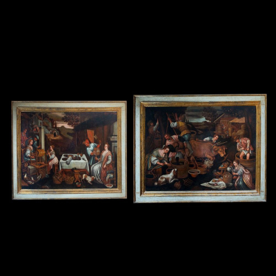 Seguidor de FRANCESCO BASSANO EL JOVEN (Bassano del Grappa, 1549 - Venecia, 1592) "Pareja de alegor&iacute;as de Julio (Leo) y Septiembre (Libra)", siglo XVII 