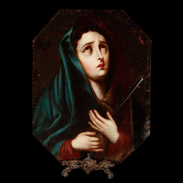 "Virgen Dolorosa" en cobre firmado, Escuela Colonial Mexicana, Siglo XVIII.