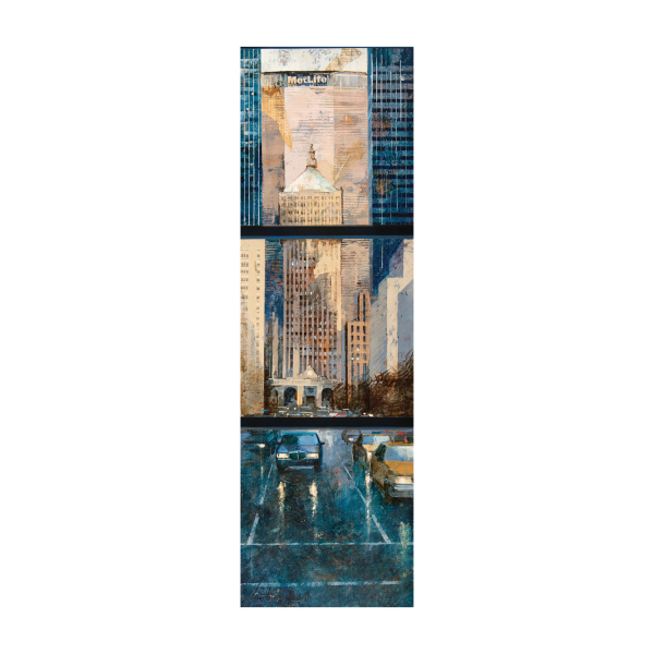 Josep Martí Bofarull (Barcelona, 1965) Metlife Building. Tríptico de técnica mixta y collage sobre tabla.