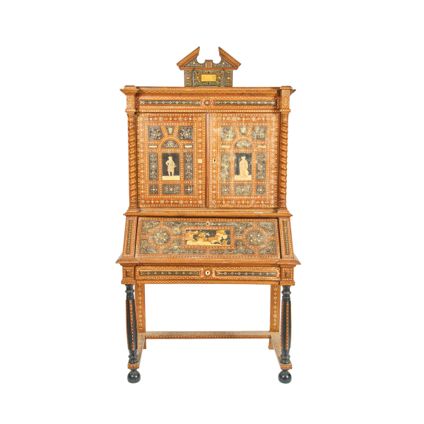 Escritorio papelera sírio en madera de caoba con marqueterías en taraceas de nácar, hueso y boj, fles. del s.XIX.