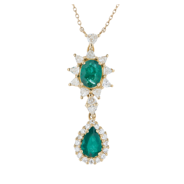 Gargantilla en oro con dos rosetones de esmeraldas tallas oval y perilla y diamantes tallas brillante, triángulo y navette.