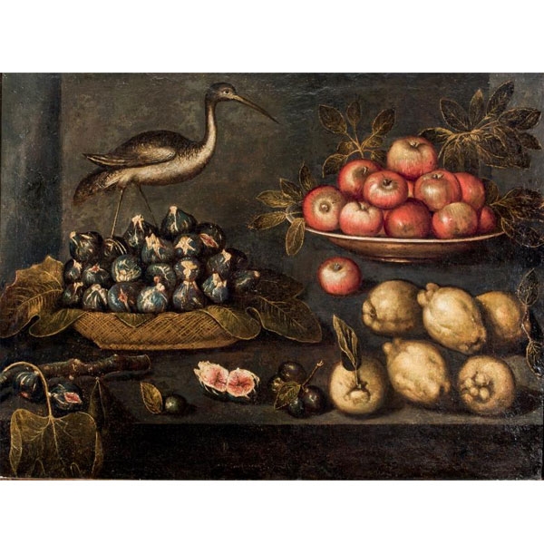 Escuela Mallorquina S. VII.  &quot;Bodegón con frutos y un ave&quot;. Óleo sobre lienzo.