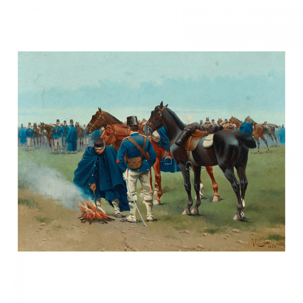 Josep Cusachs Cusachs (Montpellier, Francia, 1851-Barcelona, 1908)  La fogata.  Óleo sobre tela. Firmado y fechado en 1878.