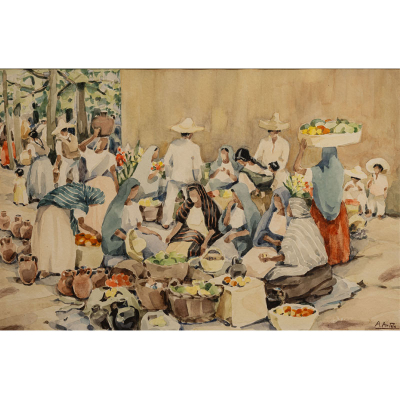 &quot;Escena de Mercado&quot;  AURELIO ARTETA (Bilbao, 1879- México, 1940)  Acuarela/papel