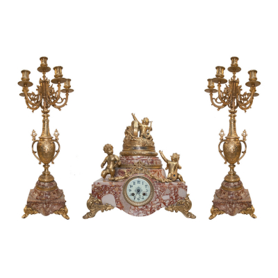 Reloj de sobremesa franc&eacute;s con guarnici&oacute;n en bronce dorado y m&aacute;rmol, fles. del s.XIX con escultura titulada &laquo;Prosperidad&raquo; de V&iacute;ctor Rousseu. Firmada.