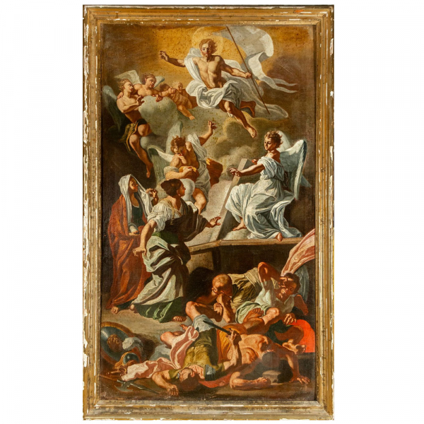 Escuela italiana del siglo XVIII, atribuido a Francesco Solimena - Resurrección de Cristo.   Óleo sobre lienzo (129×77 cm.) enmarcado.