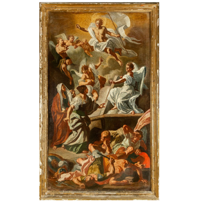 Escuela italiana del siglo XVIII, atribuido a Francesco Solimena - Resurrección de Cristo.   Óleo sobre lienzo (129×77 cm.) enmarcado.