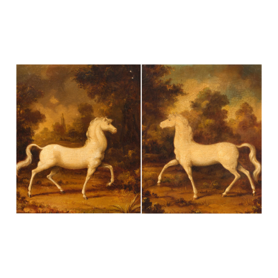 Escuela francesa, s.XIX.  Caballos tordos.  Pareja de óleos sobre tela. 
