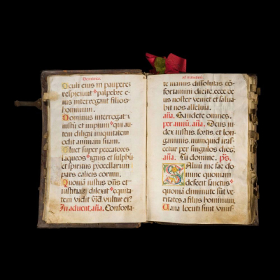 "Psalterium iuxta Romanum" (Salterio lit&uacute;rgico seg&uacute;n el rito romano) en lat&iacute;n (con a&ntilde;adidos en espa&ntilde;ol), manuscrito iluminado sobre pergamino, Espa&ntilde;a hacia 1550-1575. 