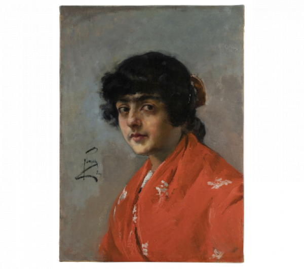 JOAQUÍN SOROLLA Y BASTIDA (Valencia, 1863 - Madrid, 1923).  Cabeza de gitana con mantón rojo.   Óleo sobre lienzo. 