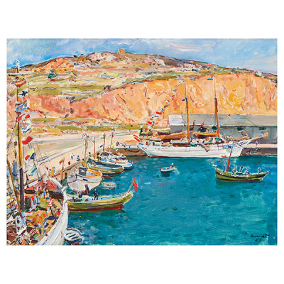 Josep Amat Pagès (Barcelona, 1901-1991) Puerto con velero. Óleo sobre tela.