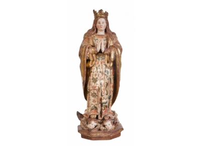 Virgen Orante Coronada.  En madera tallada, policromada y dorada.  Trabajo español, S. XVII. 