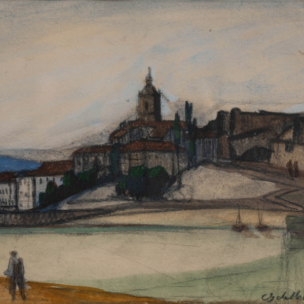 "Mariscadores en el río Bidasoa frente a Fuenterrabía"  GUSTAVO DE MAEZTU (Vitoria, 1887- Estella, 1947)   Acuarela y Ceras/papel