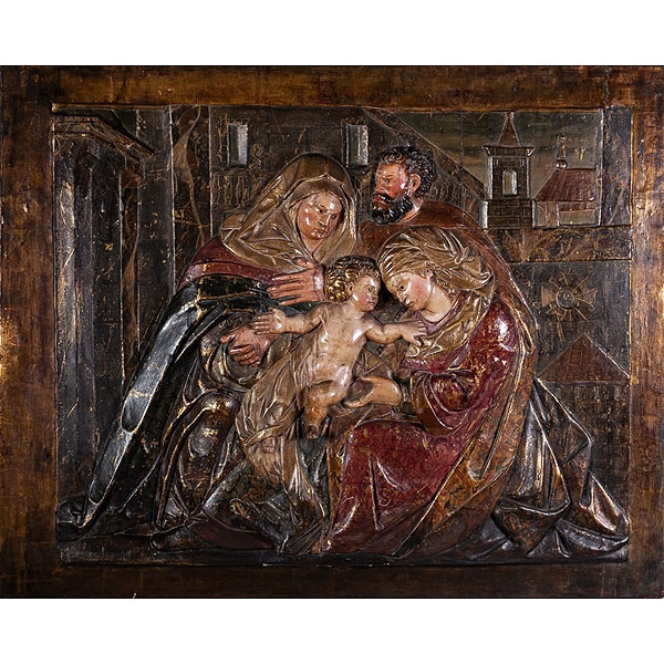 Relieve de madera tallada estofada y policromada &quot;Sagrada familia con Santa Ana&quot;, Castilla hacia 1600