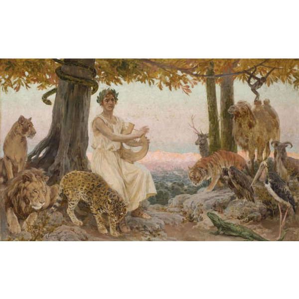 Enrique Simonet.   &quot;Orfeo amansa a las fieras&quot;. Óleo sobre lienzo. Firmado en el ángulo inferior izquierdo.