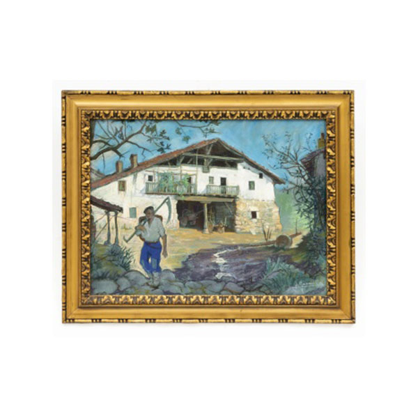 ÁNGEL GARAVILLA ACHABAL   (Lequeitio 1906 - Barcelona 1961)  "Aldeano en el caserío"  Firmado: A. Garavilla  Gouache / Cartón 