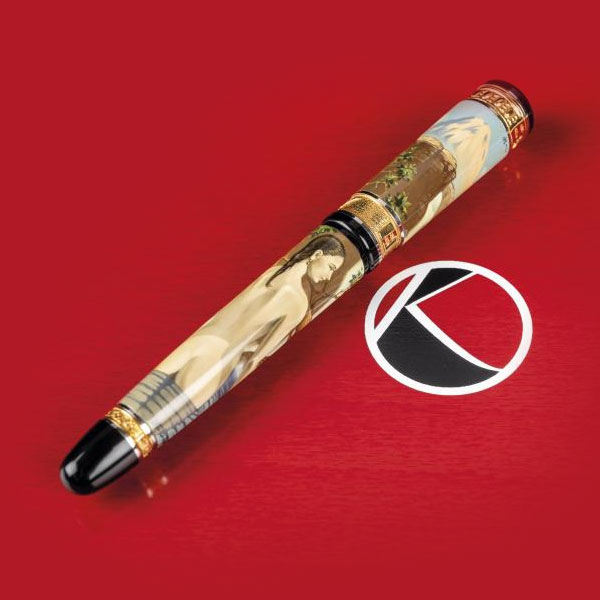 Kynsey Beauty.   Estilográfica realizada en técnica de pintura miniaturista rusa por "Natroyka. Plumín de oro de 18 K.