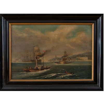 &quot;Marina con barcos a vapor&quot;  Autoría: Escuela Española, Siglo XIX-XX 