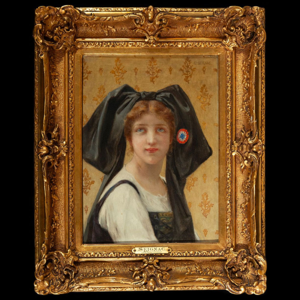 Joven Pastora Francesa, firmado F. Seignac ángulo superior derecho, escuela Neoclásica / Pre - Impresionista francesa del siglo XIX.