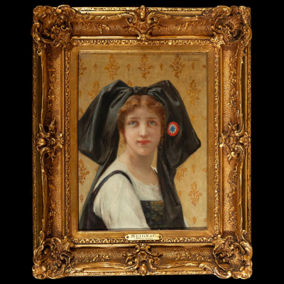 Joven Pastora Francesa, firmado F. Seignac ángulo superior derecho, escuela Neoclásica / Pre - Impresionista francesa del siglo XIX.