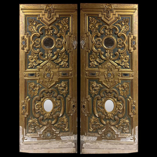 Par de puertas de Palazzo Italiano monumentales, Venecia, siglo XVIII, en madera tallada, dorada y con espejos.