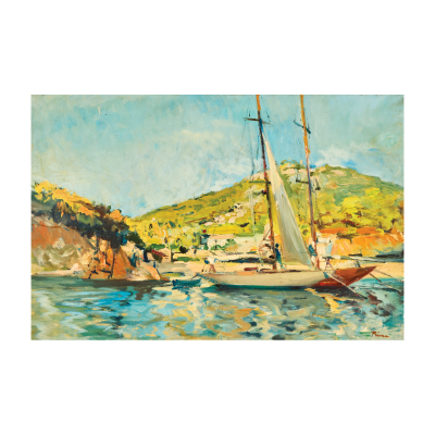 Josep Maria Prim (Barcelona, 1907-1973) Paisaje costero con velero.