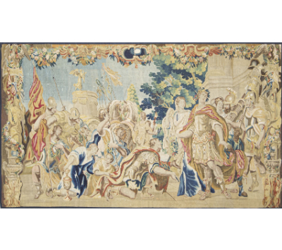 Tapiz en lana.  "Embajador Romano ofreciendo Roma a Numa Pompilio".  Bruselas, tercer cuarto del S. XVII. 