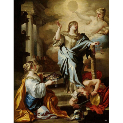 FRANCESCO SOLIMENA (Canale di Serino, 1657 - Barra, 1747) "Alegor&iacute;a de la Justicia triunfante sobre la Guerra y la Riqueza".    &Oacute;leo sobre lienzo.