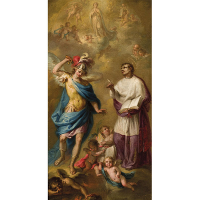 Luis Antonio Planes (1742 - 1821)    &quot;San Miguel y San Pedro Pascual&quot;. Óleo sobre tabla. Firmado al dorso.