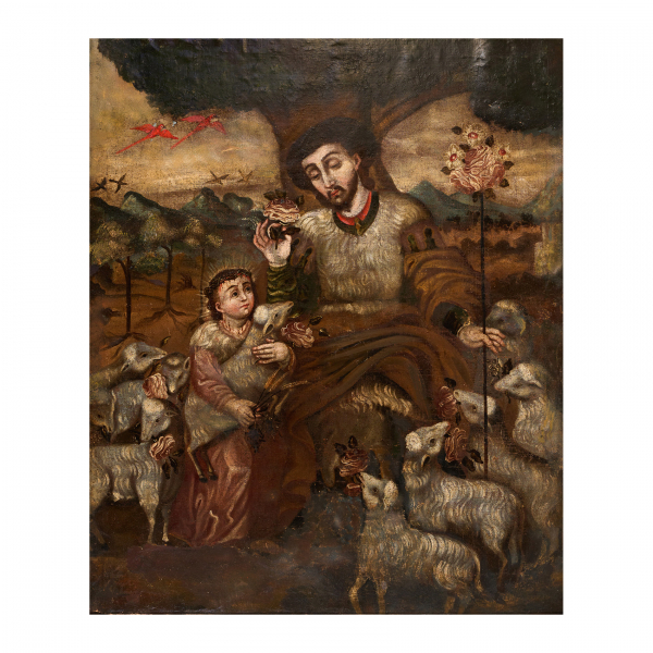 Escuela colonial, fles. del s.XVIII.  El Buen Pastor.  Óleo sobre tela.
