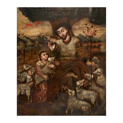 Escuela colonial, fles. del s.XVIII.  El Buen Pastor.  Óleo sobre tela.