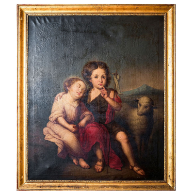 JOS&Eacute; MAR&Iacute;A V&Aacute;ZQUEZ o VASQUEZ (M&eacute;xico, c.1765 - c. 1826) "El Ni&ntilde;o Jes&uacute;s y San Juan Bautista". &Oacute;leo sobre lienzo. 