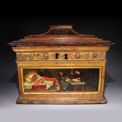 Raro Cofre de Médico italiano del Renacimiento, Milán o Vizcaya, realizado la casa de Medinaceli, escudo Heráldico de la Cerda, siglo XVI.