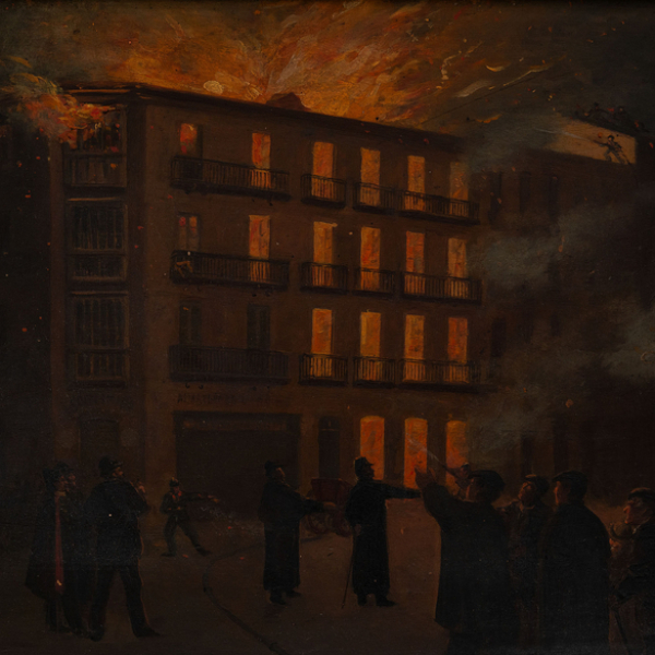 "Edificio en llamas".  RAMÓN MUÑOZ RUBIO (Jaén, 1867-1910).   Firmado: Muñoz Rubio.   Técnica: Óleo/Tabla. 