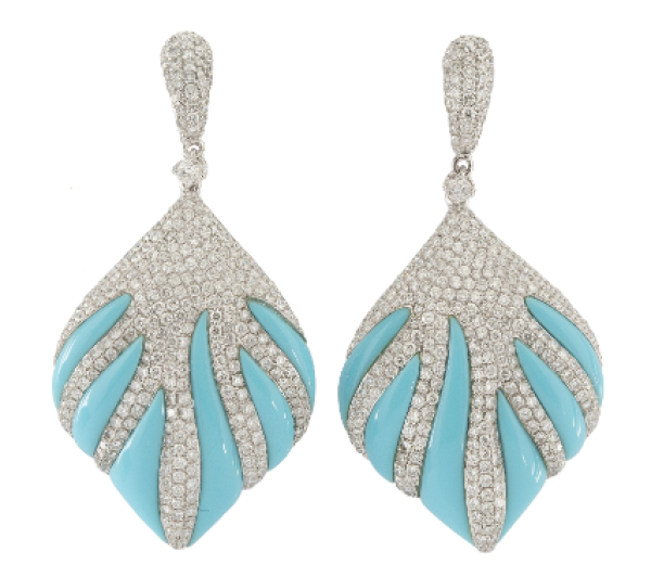 Pendientes largos con diseño de grandes hojas de turquesas y pavé brillantes.   