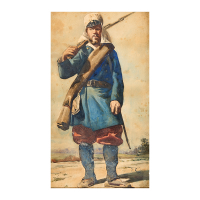 Josep Cusachs Cusachs (Montpellier, Francia, 1851-Barcelona, 1908)  Soldado de infantería.  Acuarela sobre papel. 