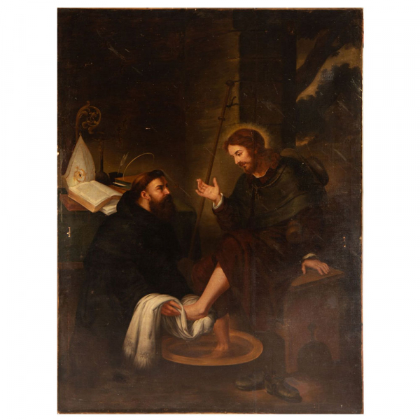 "San Agustín lavando los pies a Jesucristo", Escuela Italiana del siglo XVII - XVIII.   
