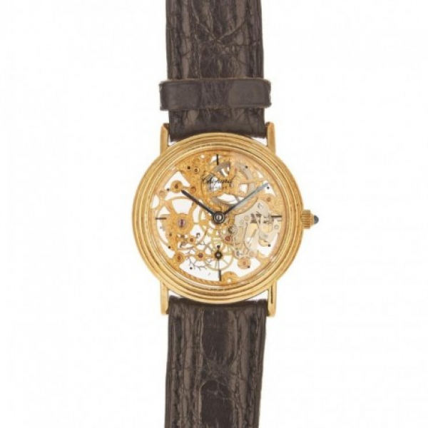 Reloj CHOPARD &quot;Skelett Skeleton&quot; de pulsera para señora. En oro y correa de piel, c.1980.