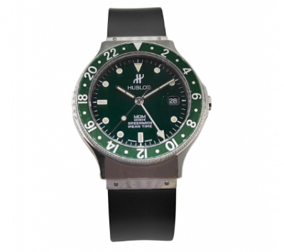 Hublot MDM Greenwich Mean Time GMT, reloj de pulsera para caballero en acero y correa de caucho, c.1990. 