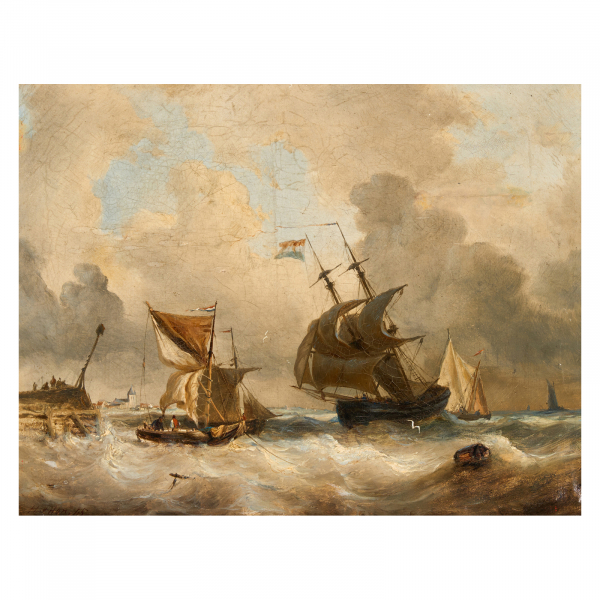 Henri Le Hon (Bélgica, 1809-1872) Escena portuaria. Óleo sobre tela. Firmado y fechado en 1845.