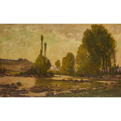 Francisco Gimeno Arasa (Tortosa, Tarragona, 1858-Barcelona, 1927)  Paisaje fluvial.  &Oacute;leo sobre tela. Firmado.