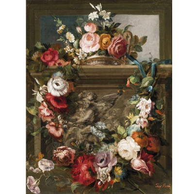 José Romá (1784 - 1852). &quot;Florero con relieve escultórico&quot;. Óleo sobre lienzo. Firmado 