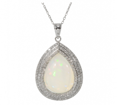 Colgante diseño lágrima en oro blanco con cabujón de ópalo de Etiopía talla perilla, 13,2 ct orlado por tres bandas de diamantes talla brillante 